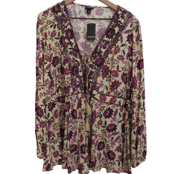 Torrid Women Sz 2X Yellow Purple Floral Embroidered Tie Front Flowy Blouse - Picture 1 of 9